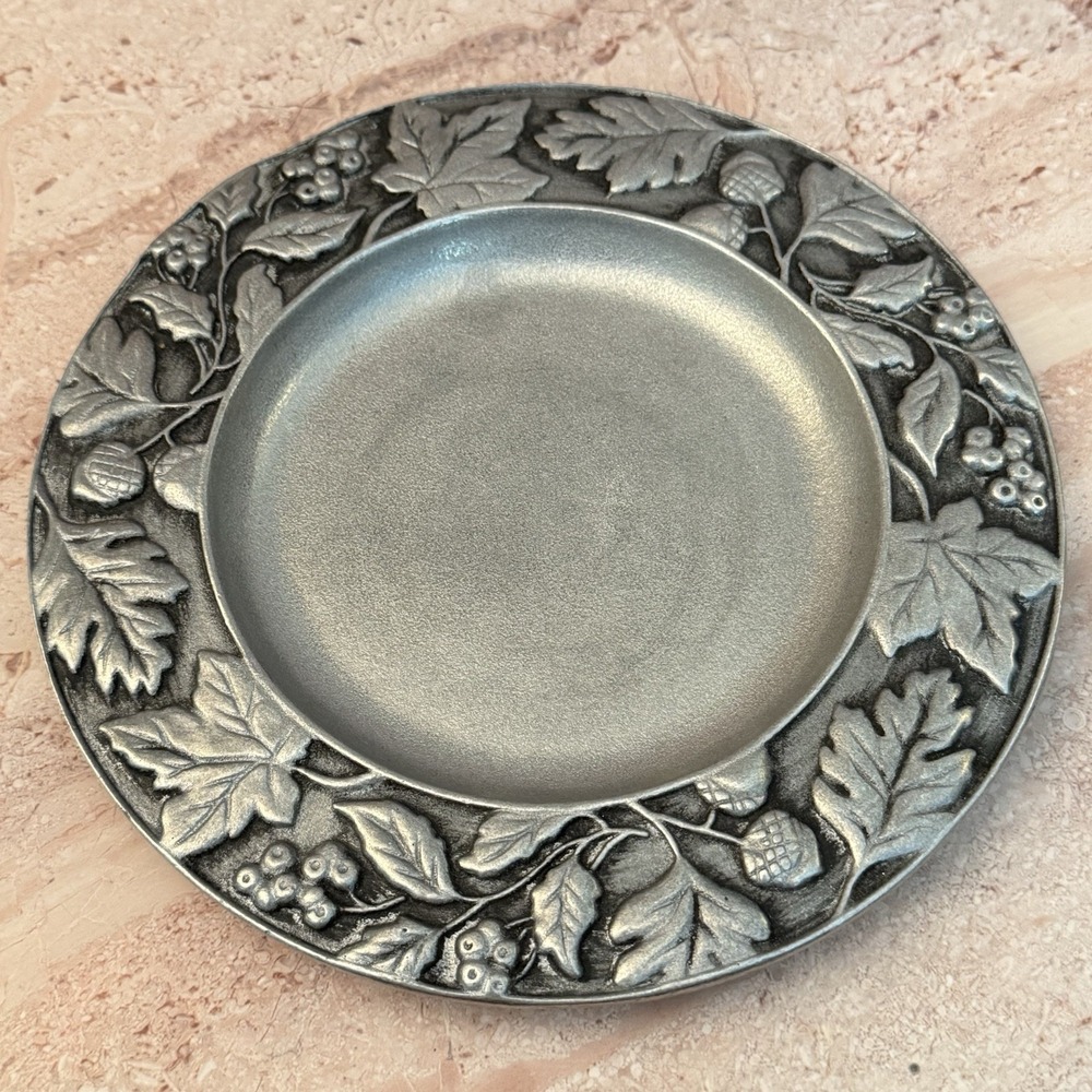 Longaberger 2001 Autumn Falling Leaves & Acorns Pewter Metalware Candle Plate 8"